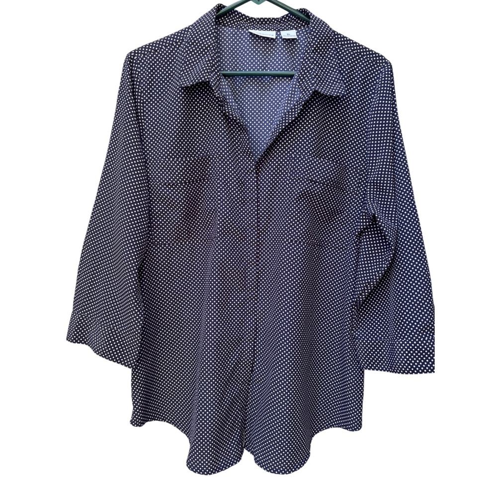 Liz Claiborne EUC Navy Blue White Polka Dot 3/4 Sleeve Button Down Blouse XL